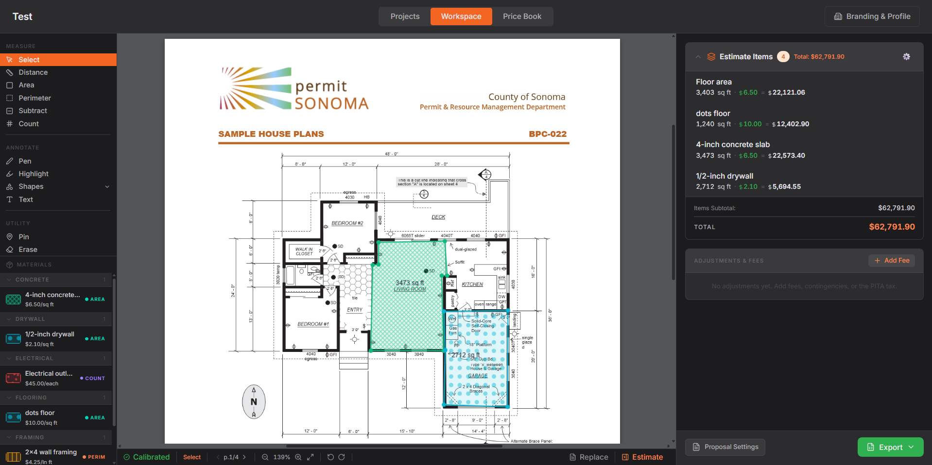 Workspace view — PDF measurements with live estimate panel